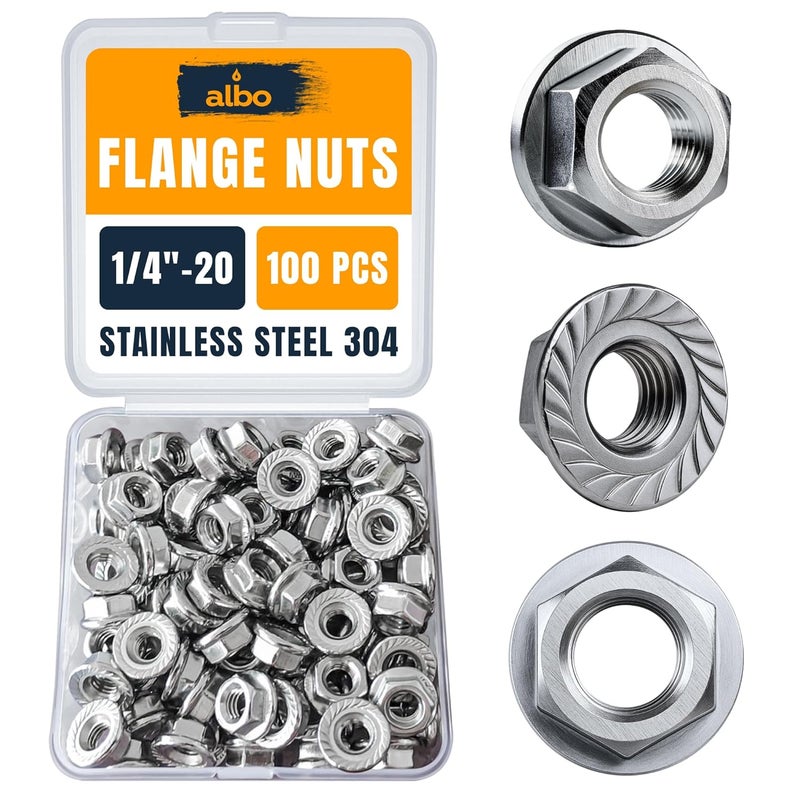 ALBO 100 PCS 1/4-20 Nut Hex Flange Lock – Stainless Steel 304 SAE Nuts Set in Reusable Box – Hardware for Automotive & DIY - Image 1